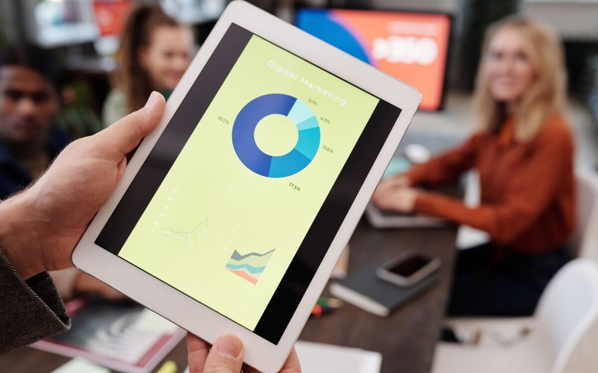 Agência de marketing digital em São José reunida analisando métricas e ROAS de contratante hoteleiro